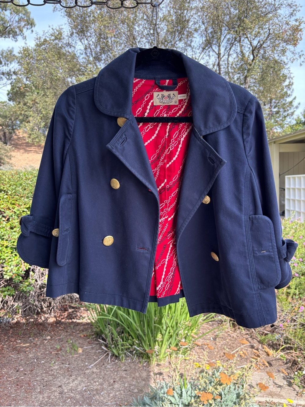Juicy Couture Navy Pea Coat with Red Chain-Print Lining